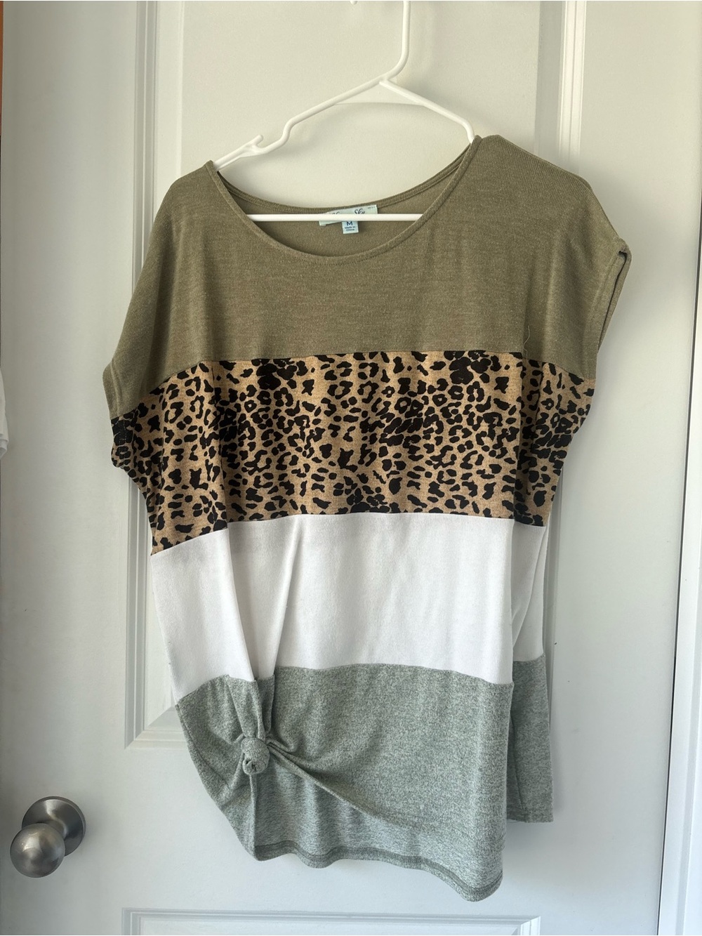 She + Sky Olive, Leopard & White Colorblock Short Sleeve Top